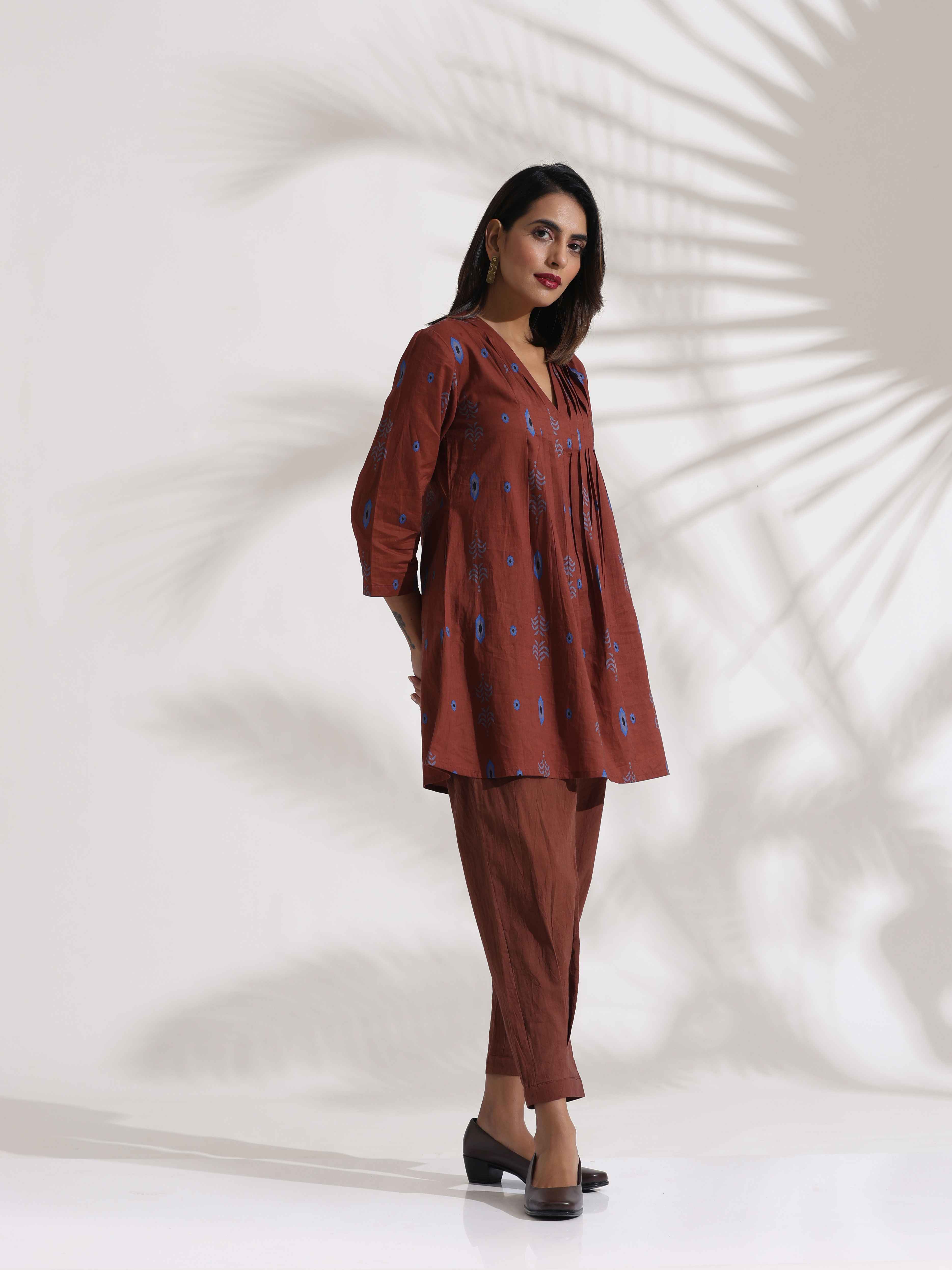 trueBrowns Brown Cotton Print Pleated Top & Pants Co-ord Set - Distacart