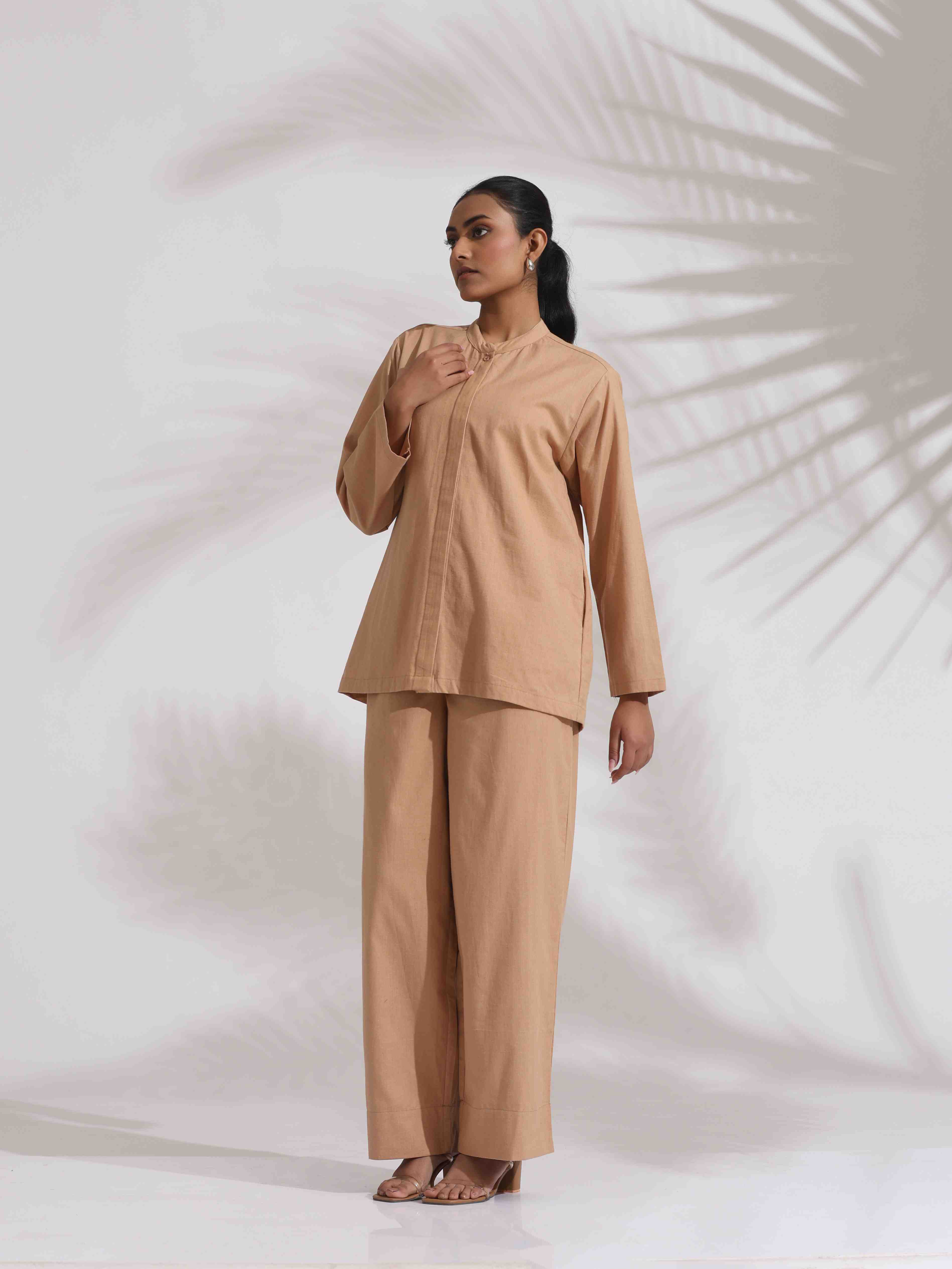 trueBrowns Beige Cotton Embroidered Shirt Top Co-ord Set - Distacart