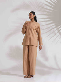 Thumbnail for trueBrowns Beige Cotton Embroidered Shirt Top Co-ord Set