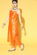 Thumbnail for Ahika Orange Floral Cotton Kurta, Trouser Dupatta Set