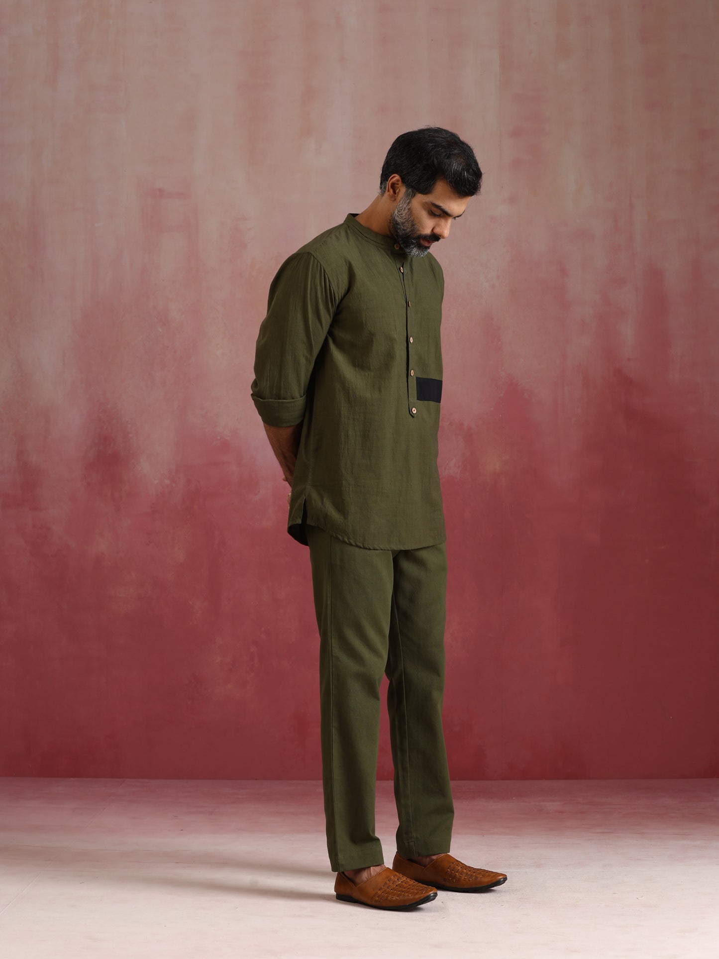 trueBrowns Men's Olive green Cotton Mandarin Collar Kurta Co-ord set - Distacart