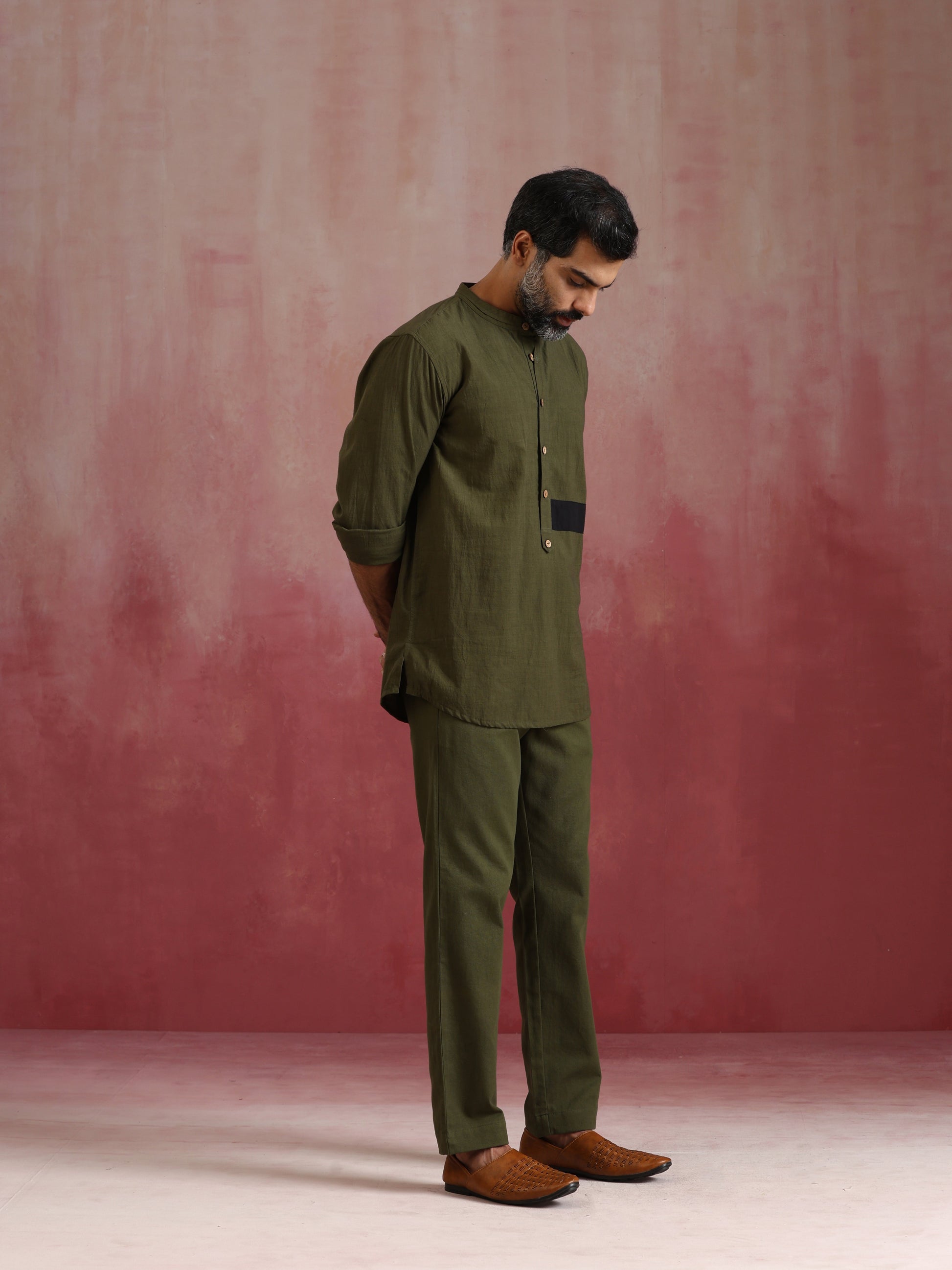 trueBrowns Men's Olive green Cotton Mandarin Collar Kurta Co-ord set - Distacart