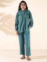 Thumbnail for trueBrowns Turquoise Cotton Dobby Shirt Co-ord Set - Distacart