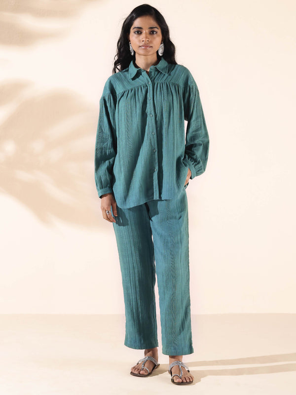 trueBrowns Turquoise Cotton Dobby Shirt Co-ord Set - Distacart