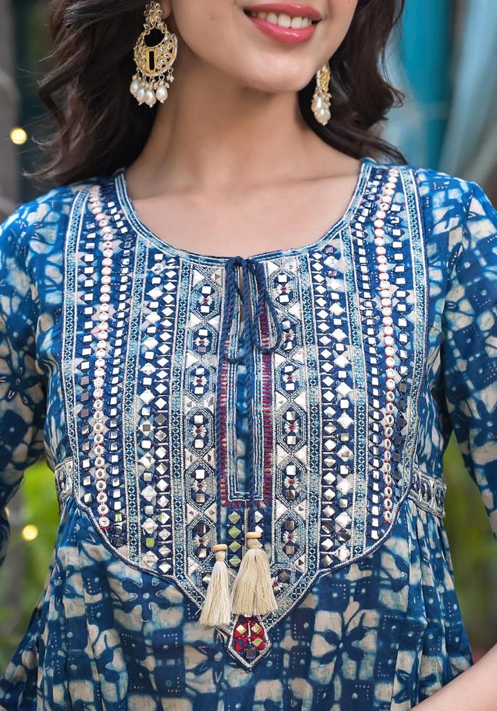 Varanga Women Blue Mirror Work Yoke Embroidered A-Line Kurta Paired With Tonal Afghan Bottom And With Dupatta - Distacart