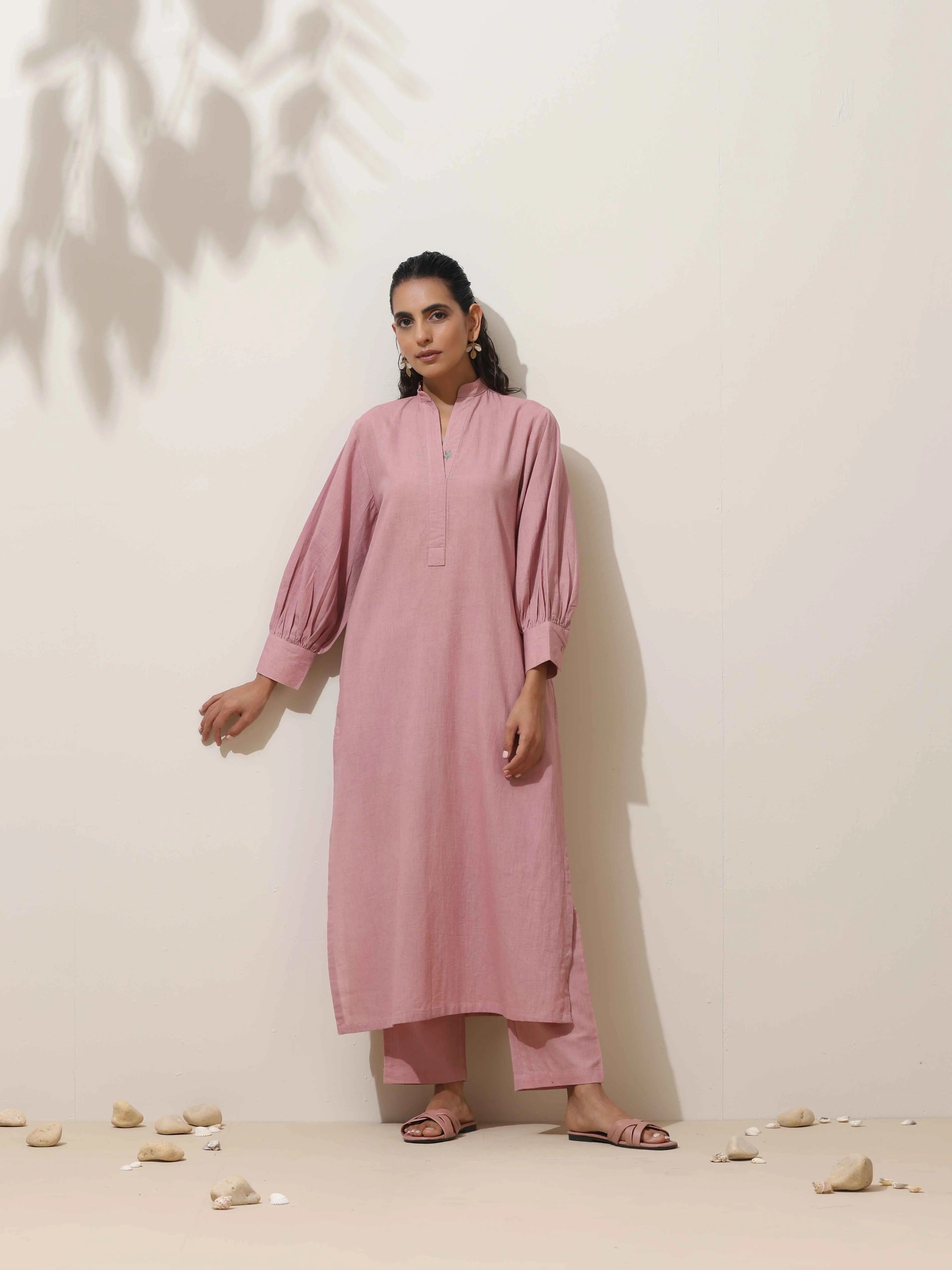 trueBrowns Pink Cotton Linen Kurta Pant Set - Distacart