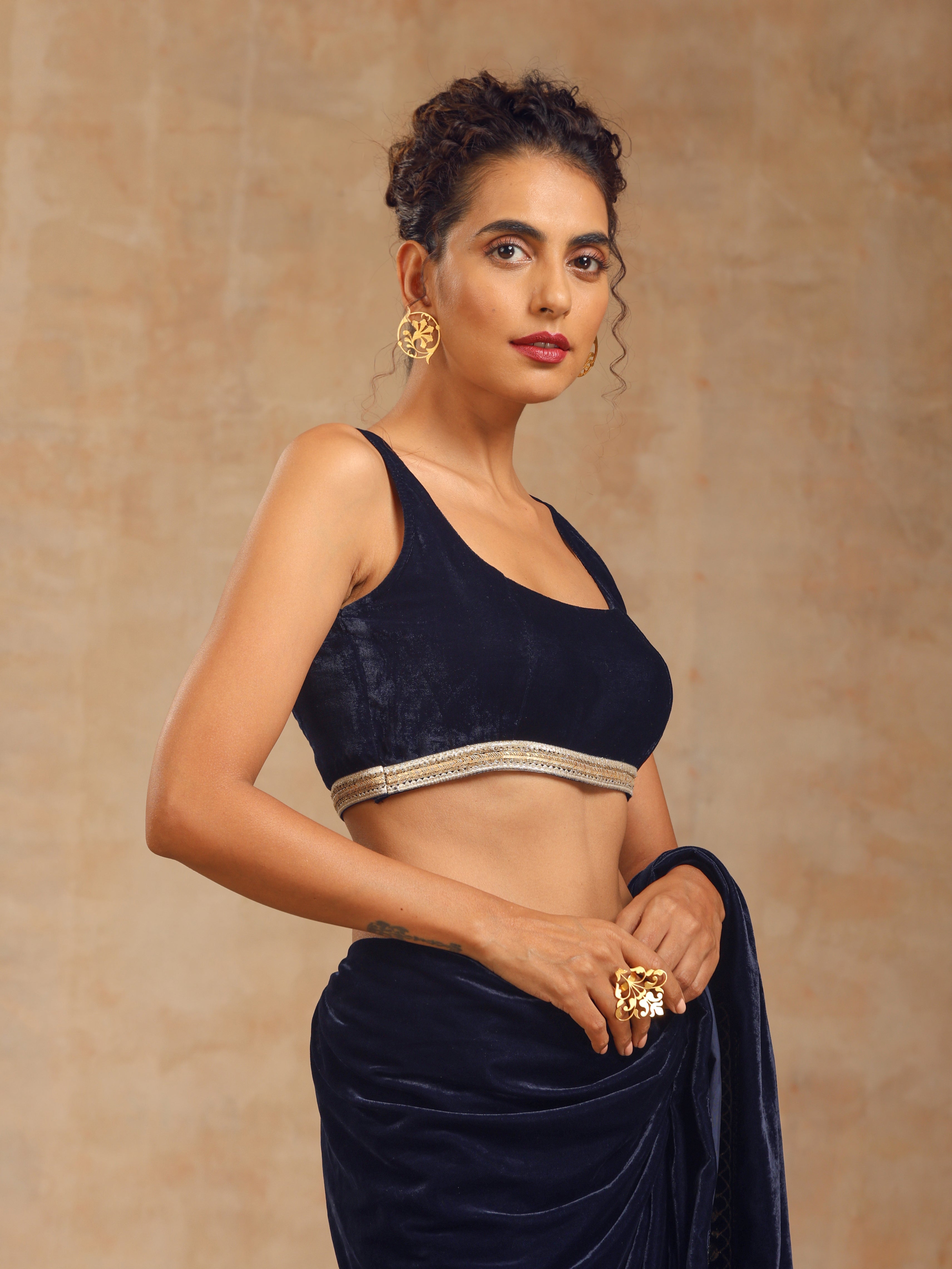 trueBrowns Midnight Blue Velvet Sleeveless Blouse - Distacart