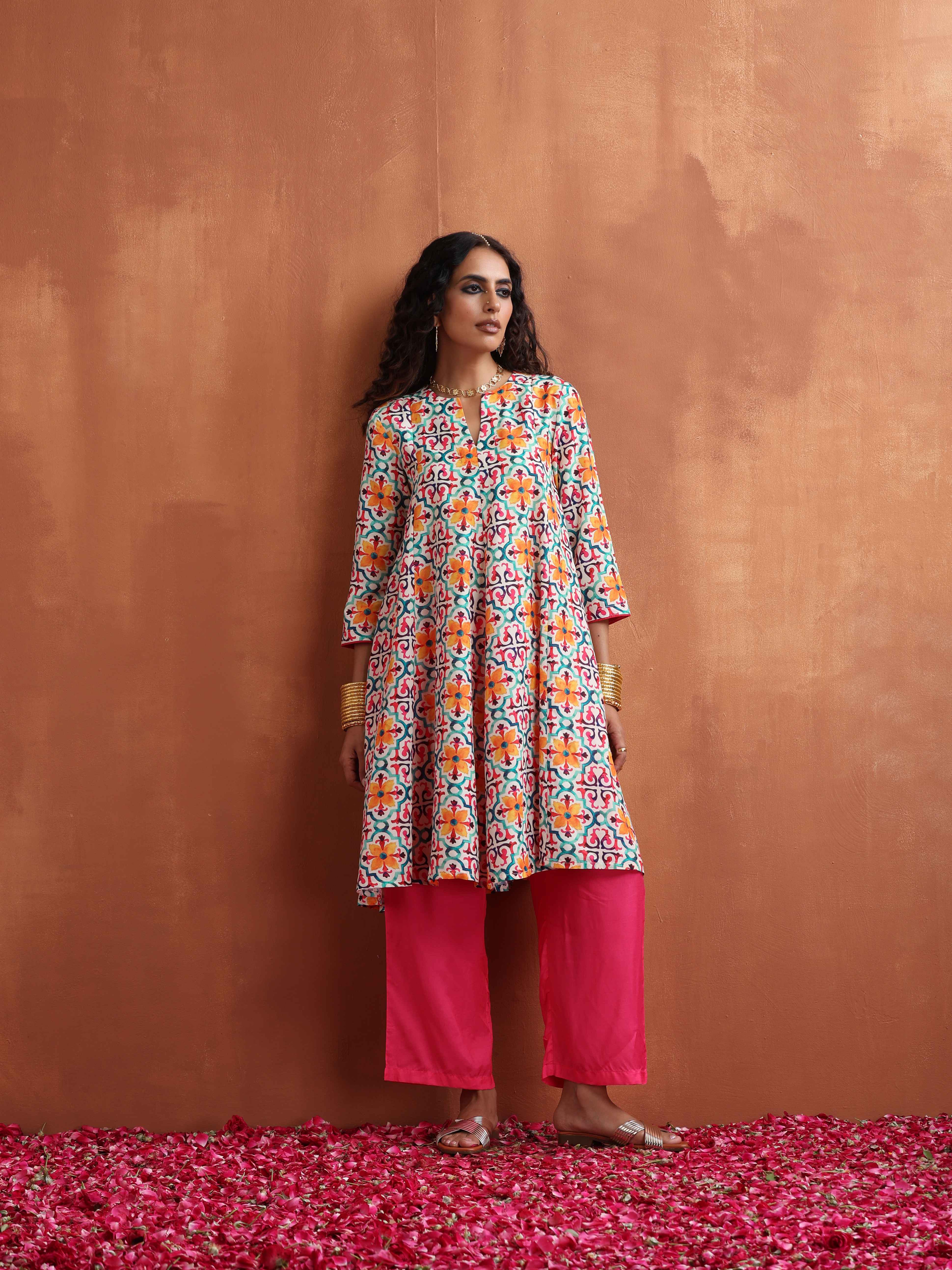 trueBrowns Off White Print Flared Anarkali Kurta Co-ord Set - Distacart