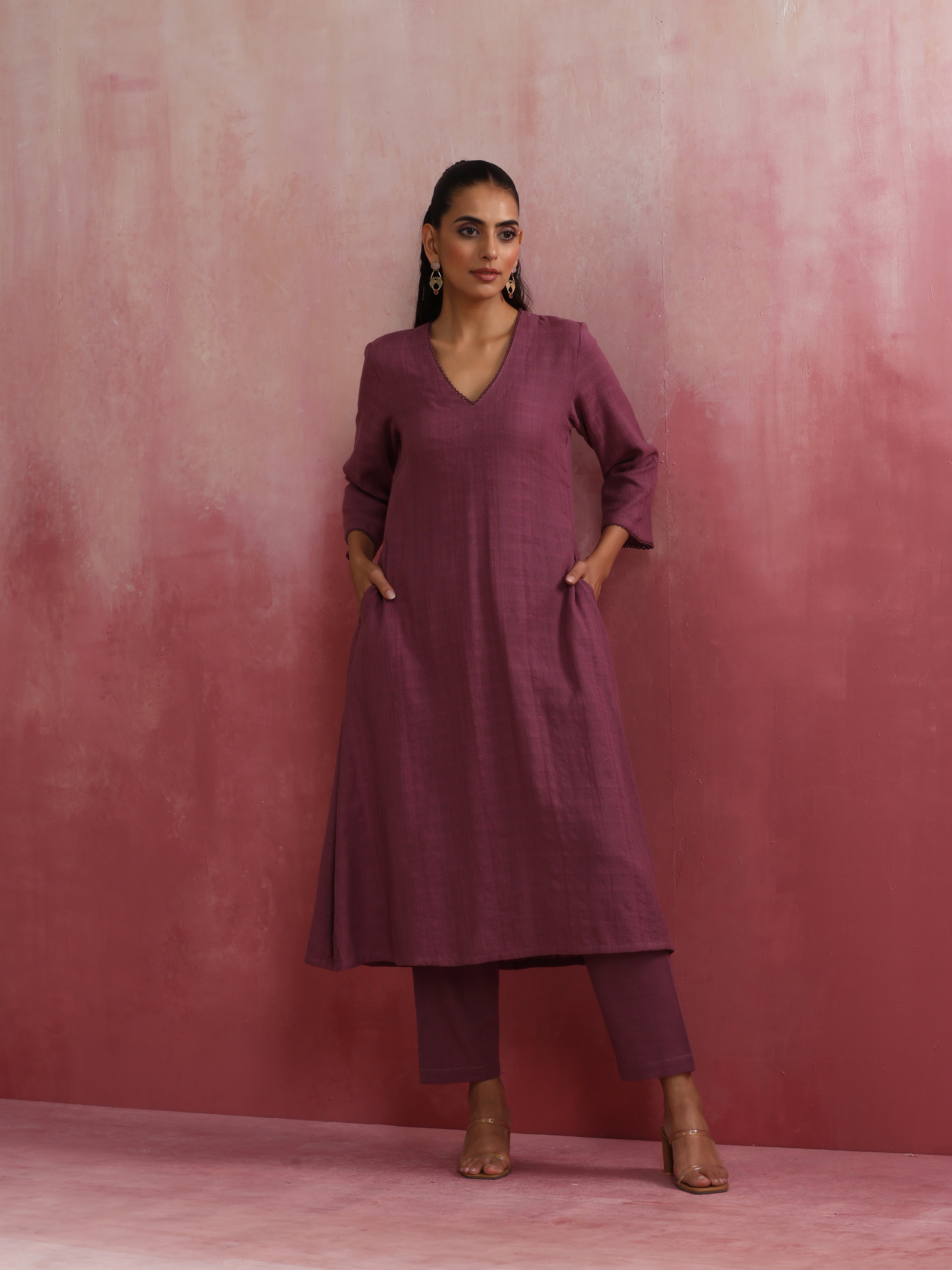trueBrowns Light Purple Cotton Dobby Flared Kurta Set - Distacart