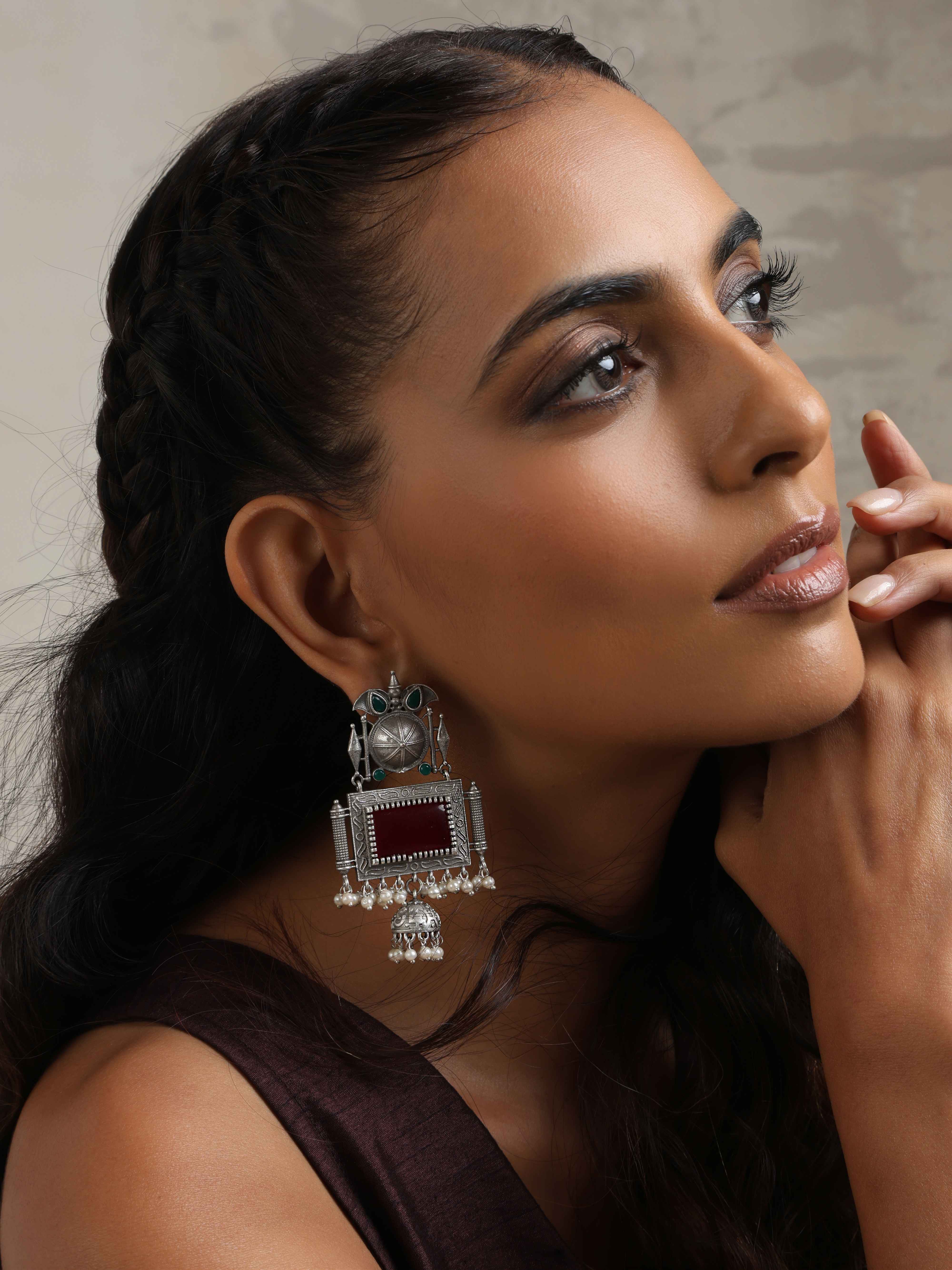 trueBrowns Silver Tone Red Stone Dangle Earrings - Distacart