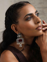 Thumbnail for trueBrowns Silver Tone Red Stone Dangle Earrings - Distacart