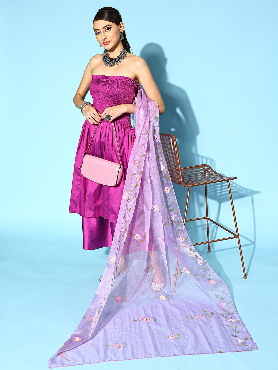 InWeave Purple Off Shoulder Silk Kurta Set -Mauve Hand Painted Dupatta - Distacart