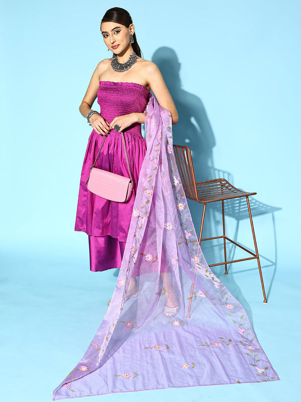 InWeave Purple Off Shoulder Silk Kurta Set -Mauve Hand Painted Dupatta