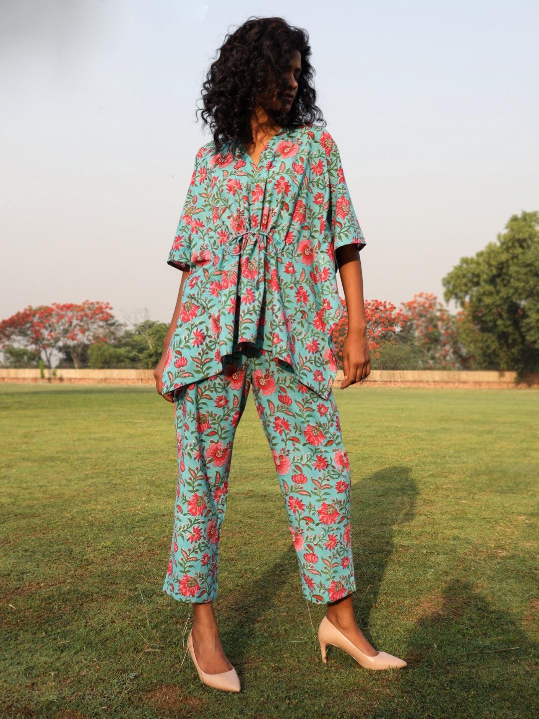 trueBrowns Aqua Cotton Block Print Kaftan Co-Ord Set - Distacart