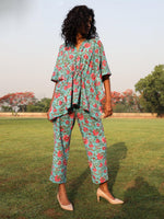 Thumbnail for trueBrowns Aqua Cotton Block Print Kaftan Co-Ord Set - Distacart