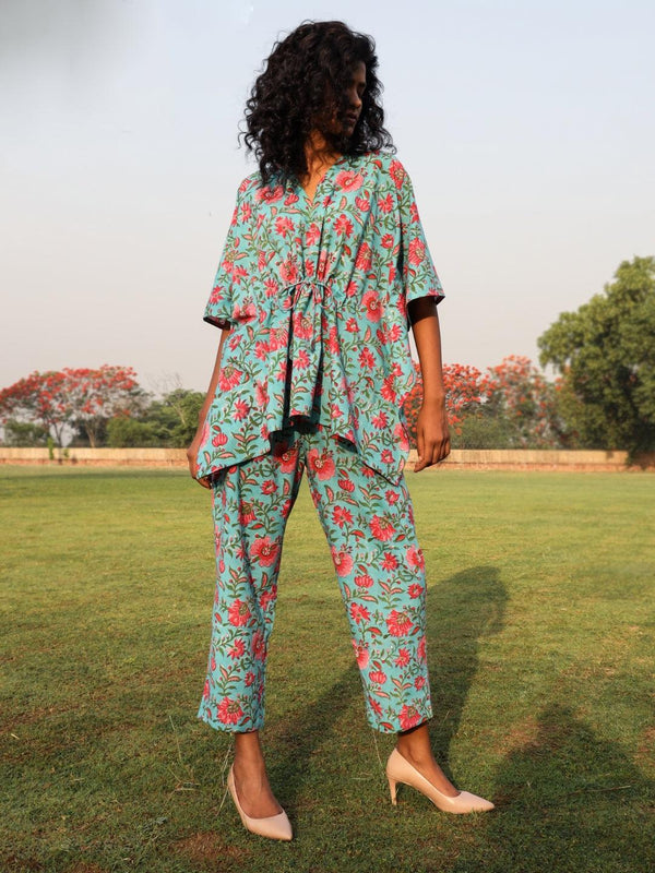 trueBrowns Aqua Cotton Block Print Kaftan Co-Ord Set - Distacart