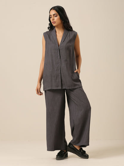 trueBrowns Slate Grey Slub Texture Sleevesless Jacket Pant Set - Distacart