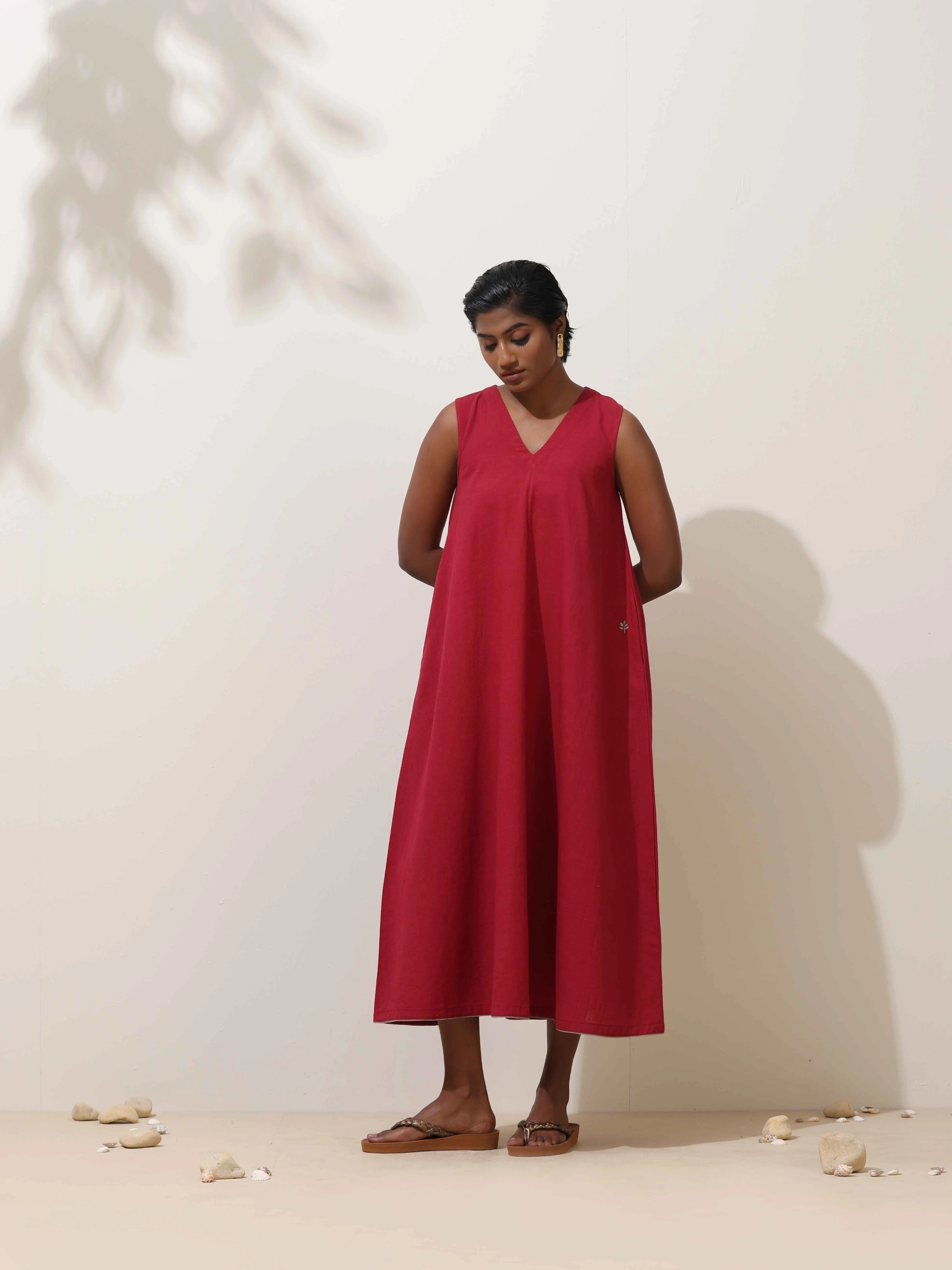 trueBrowns Maroon Cotton Linen Dress - Distacart