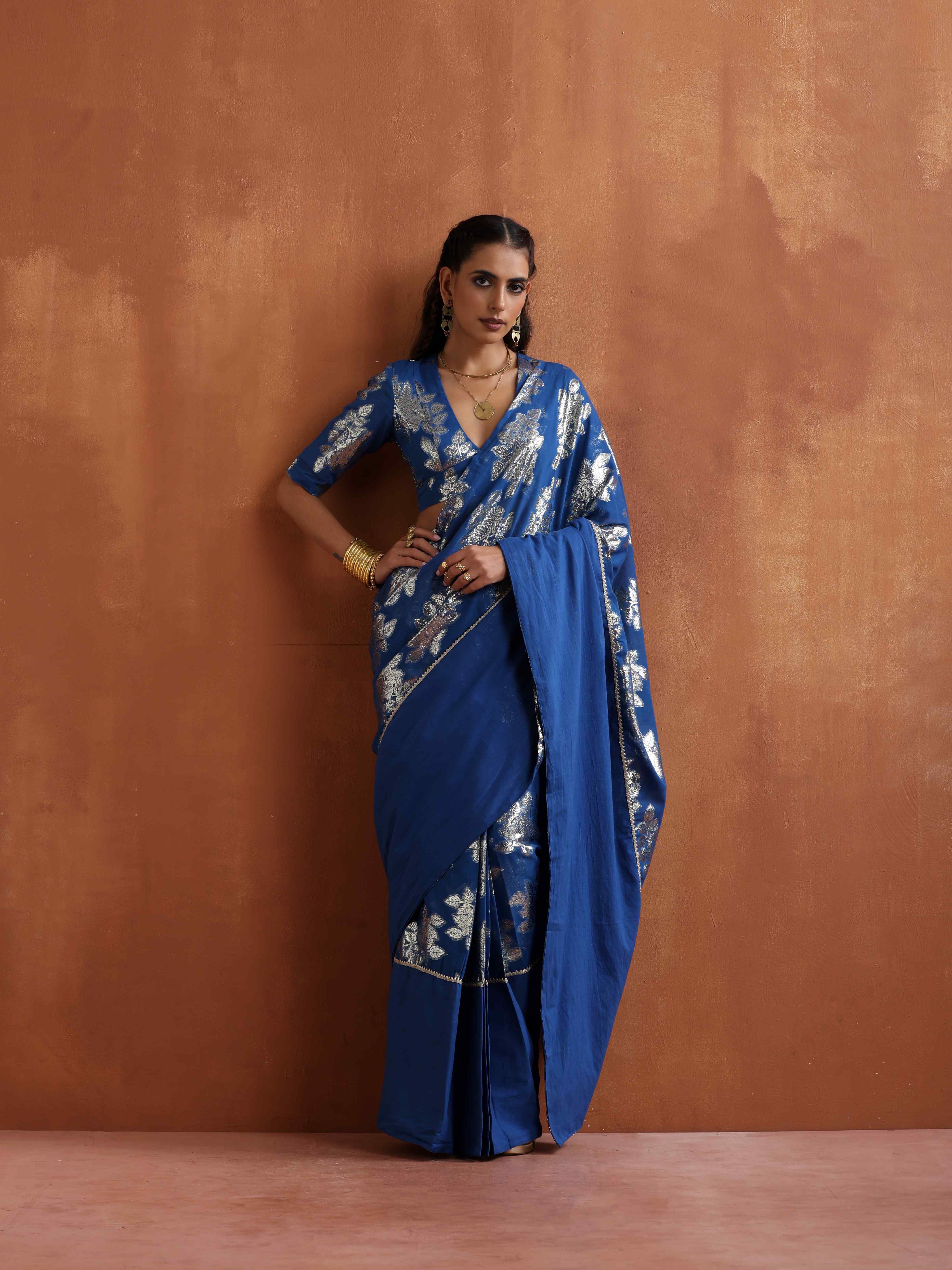 trueBrowns Blue Metallic Ready To Wear Saree - Distacart