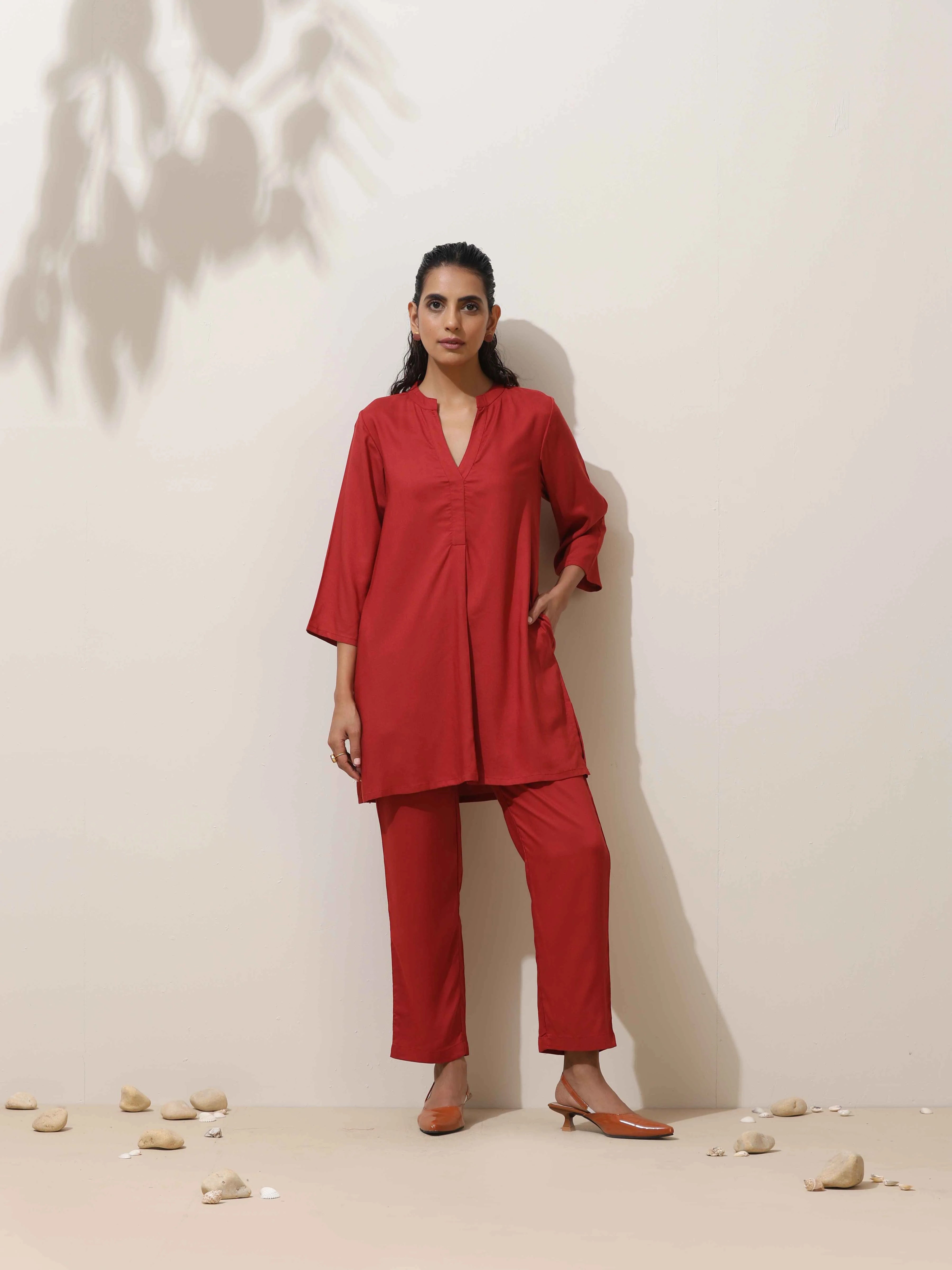 trueBrowns Maroon Viscose Solid Co-ord Set - Distacart