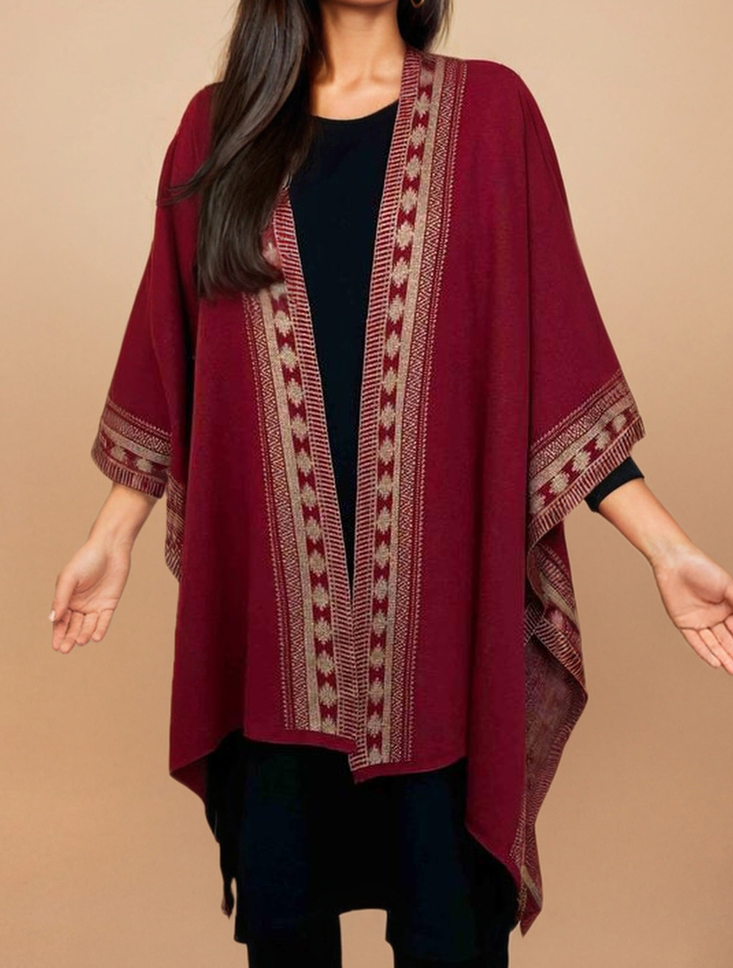 trueBrowns Maroon Woollen Geometric Kaftan Cape - Distacart