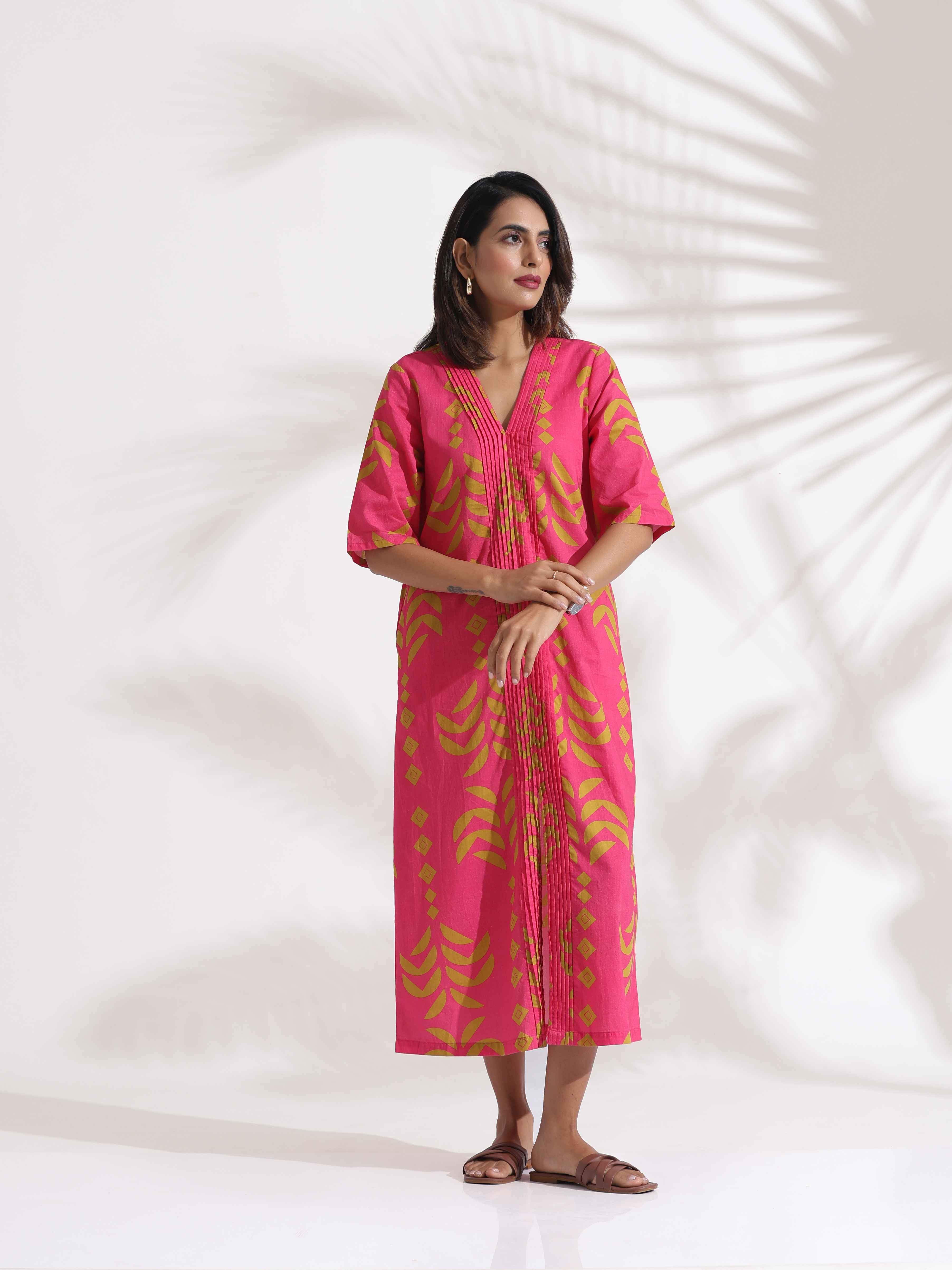 trueBrowns Pink Cotton Print pleated Dress - Distacart