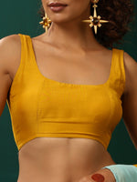 Thumbnail for trueBrowns Mustard Muslin Silk Scoop Neck Sleeveless Blouse - Distacart