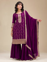 Thumbnail for The52 Beautiful Embroidered Vichitra Silk Fabric Straight Kurta, Palazzo and Dupatta Set