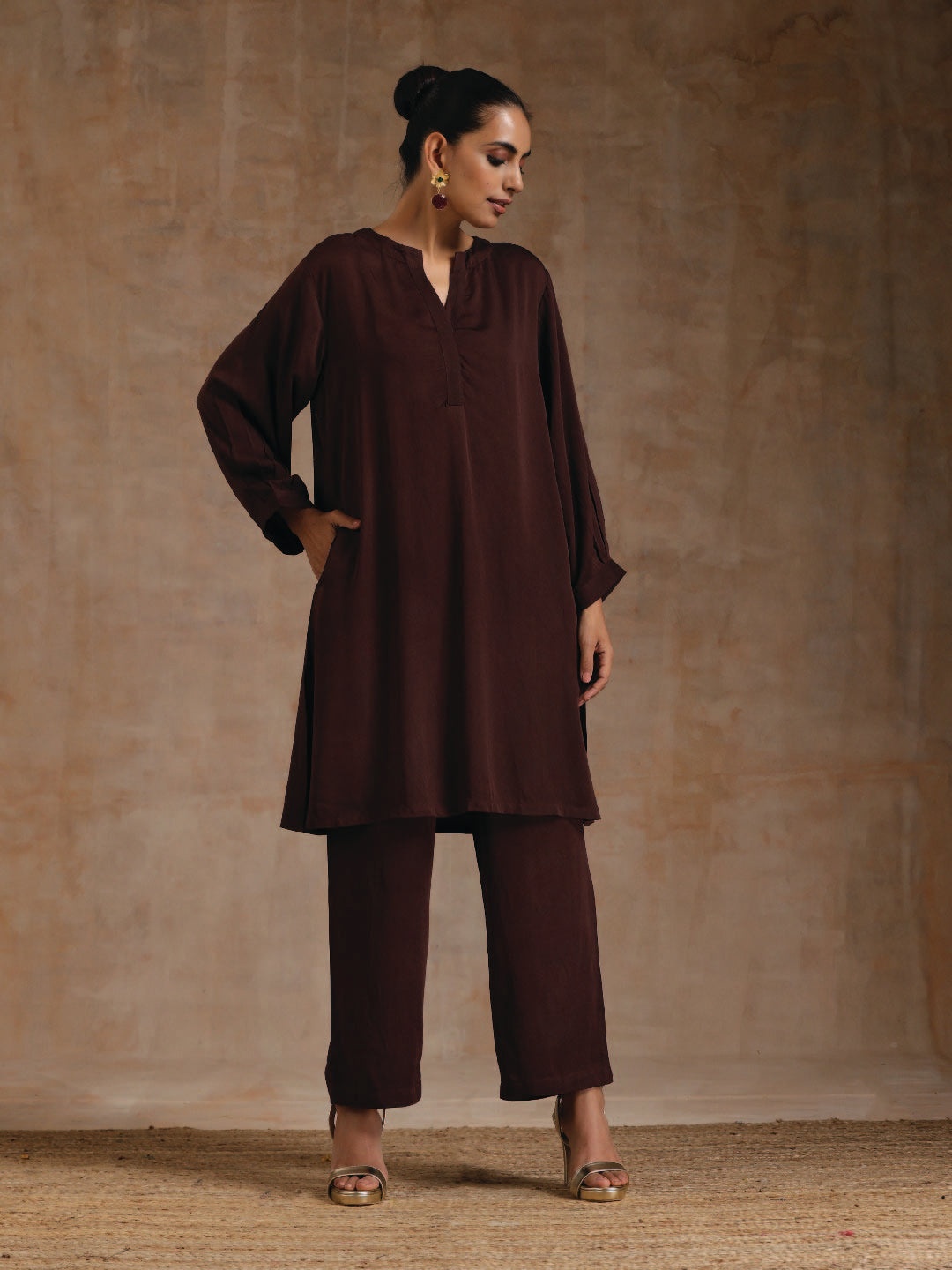 trueBrowns Cola Brown Modal Satin Relax Co-ord Set - Distacart