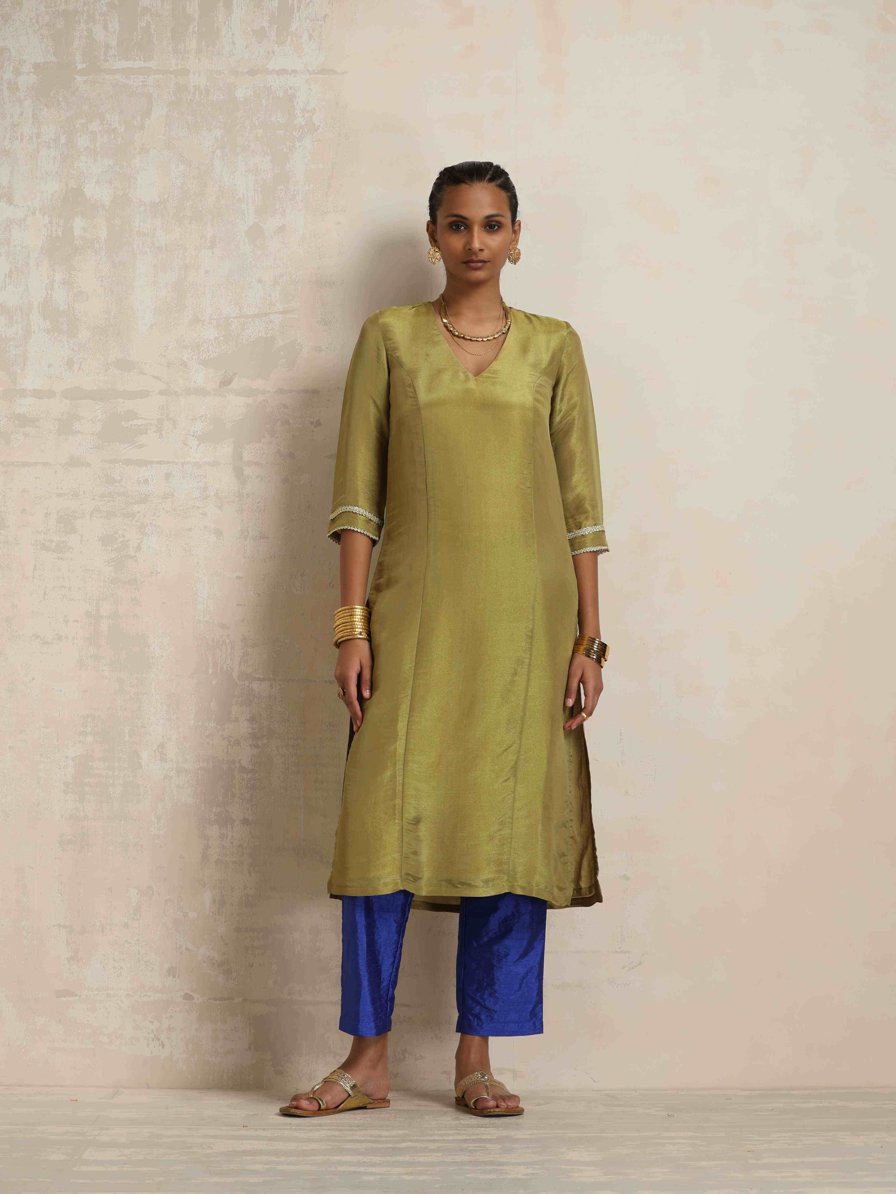 trueBrowns Green Tissue Straight Kurta Set - Distacart