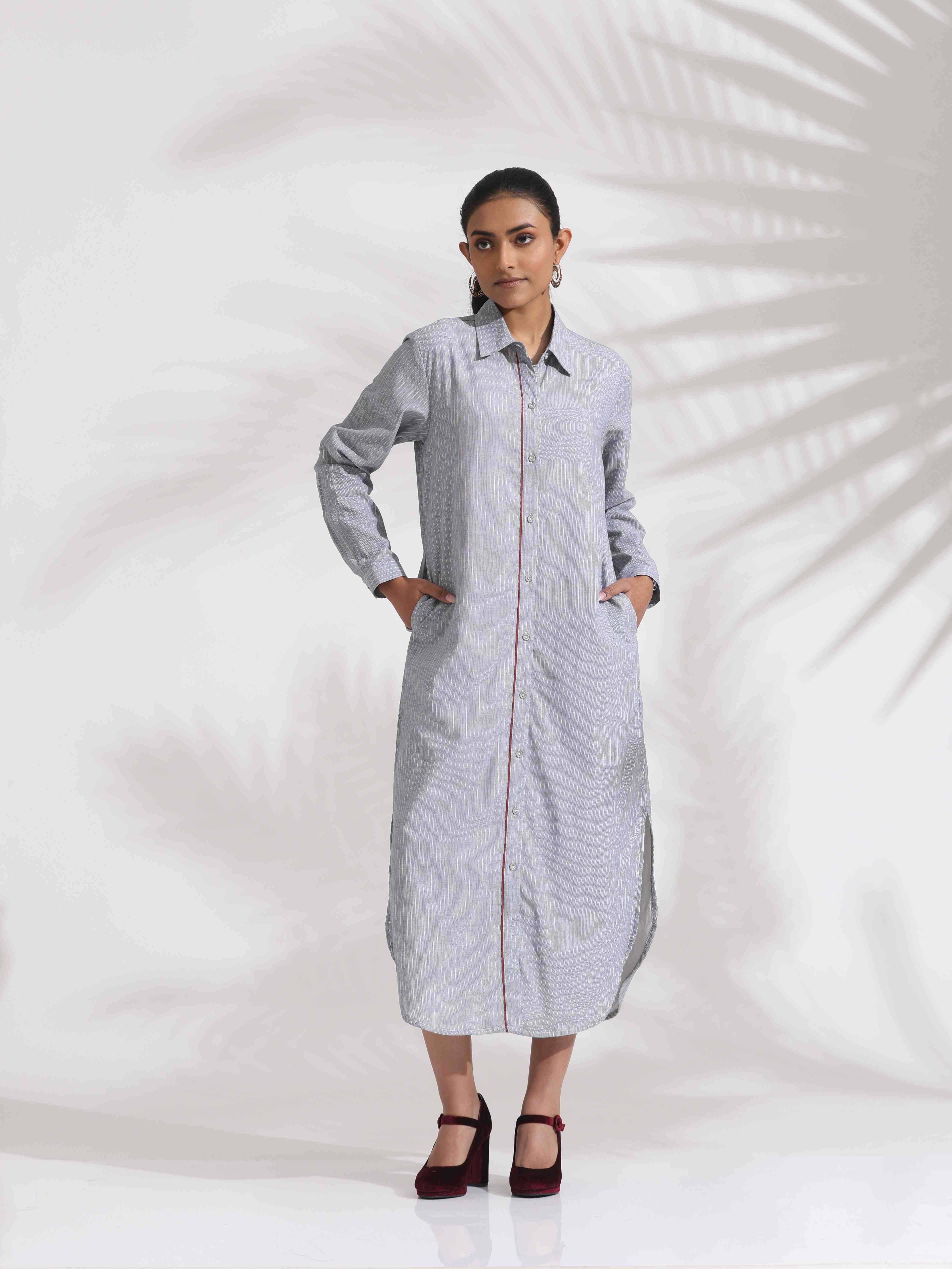trueBrowns Grey Stripe Cotton Shirt Dress - Distacart