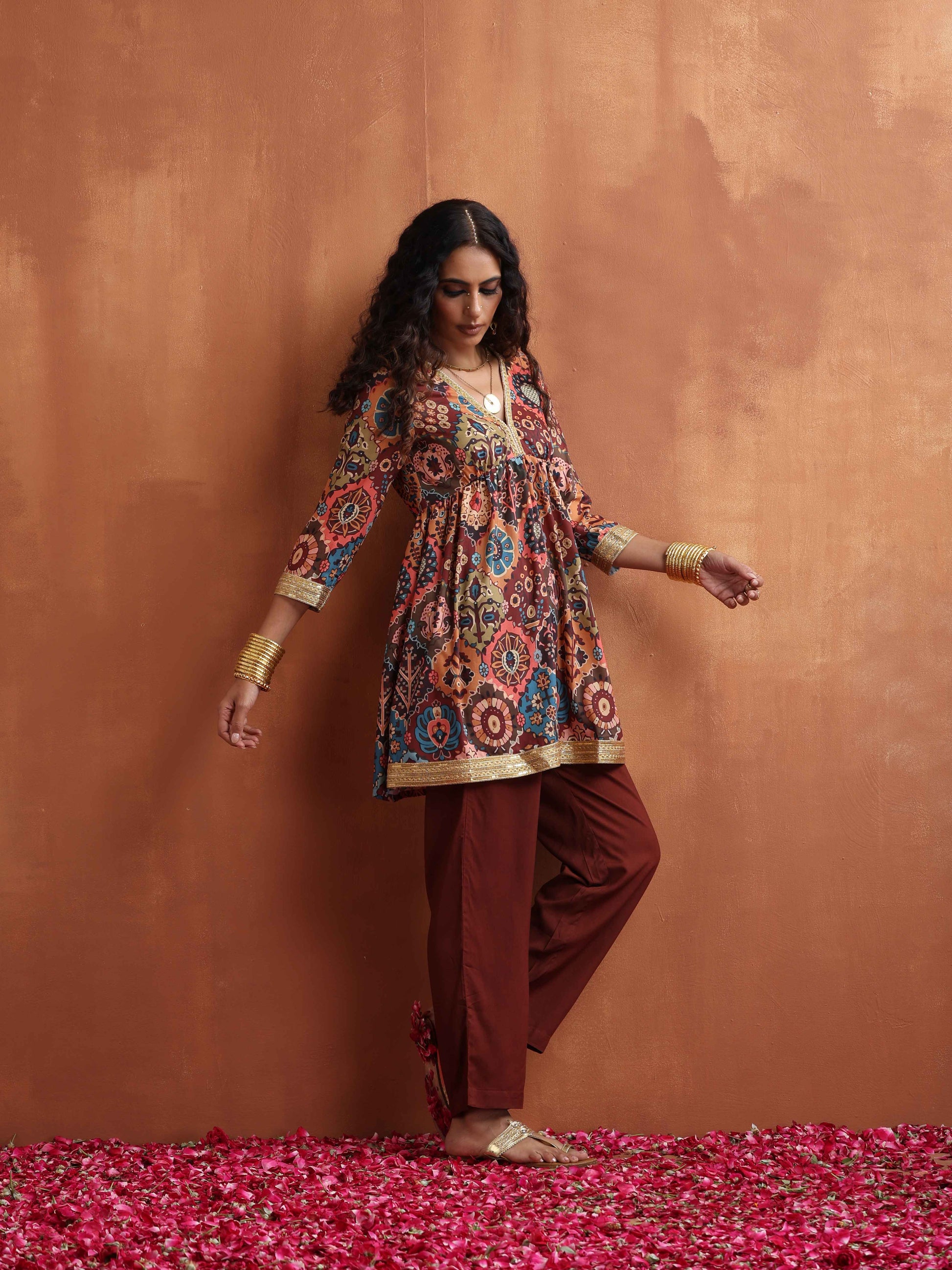 trueBrowns Brown Print Flared Co-ord Set - Distacart