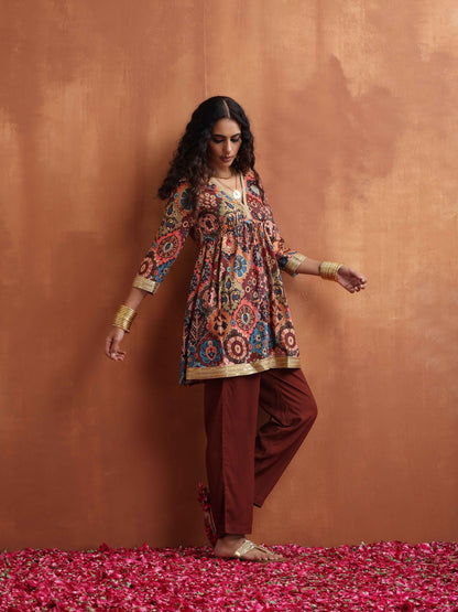 trueBrowns Brown Print Flared Co-ord Set - Distacart