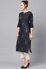 Thumbnail for Ahika Women Rayon Blend Navy Blue and Off-White color Printed Straight Kurta