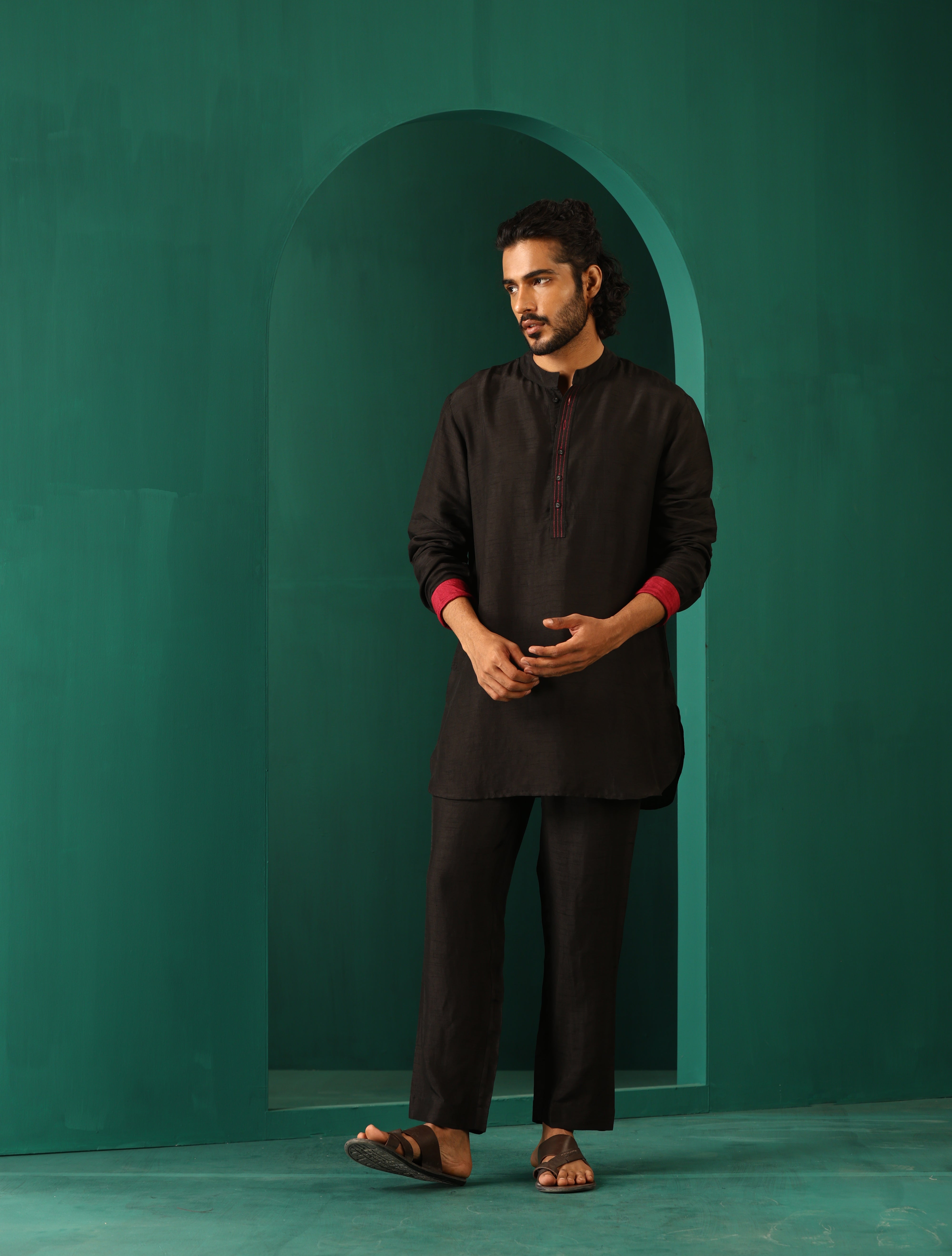trueBrowns Men's Black Silk Co-ord Set Stitch Detail - Distacart