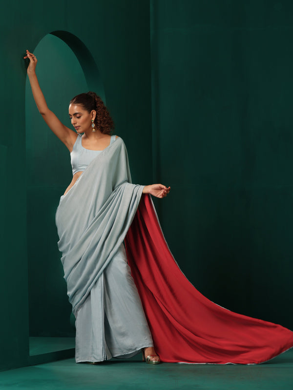 trueBrowns Powder Blue Muslin Silk Ready to Wear Saree - Distacart