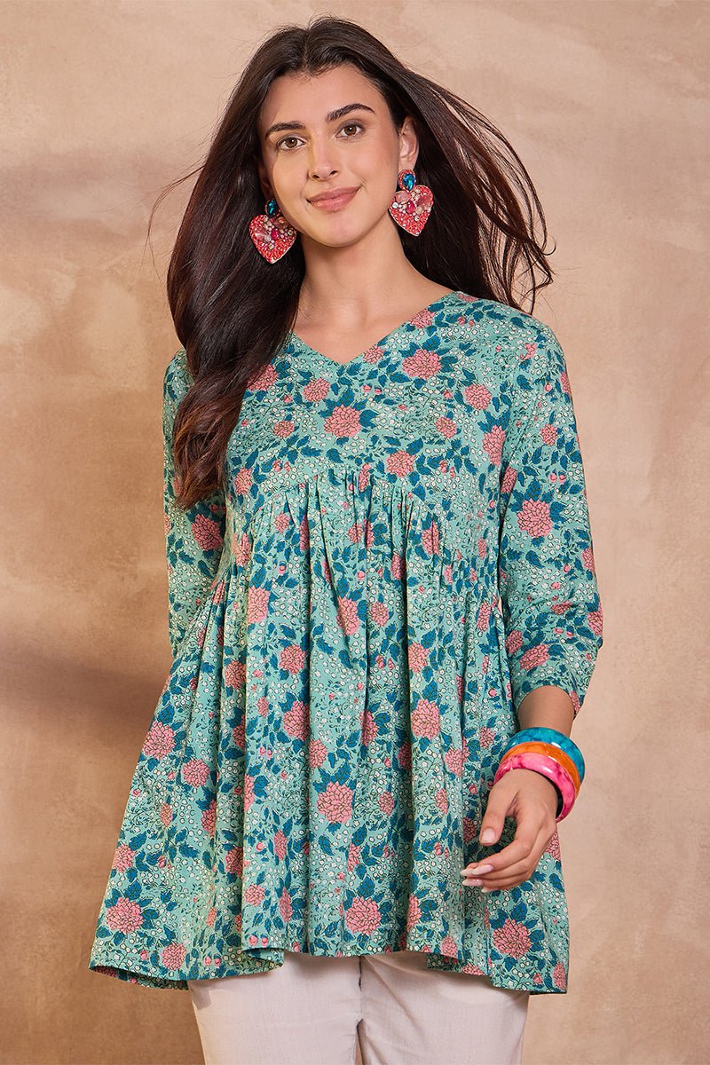 Vivaanta Fashion Cotton Blend Blue Floral Regular Top - Dista