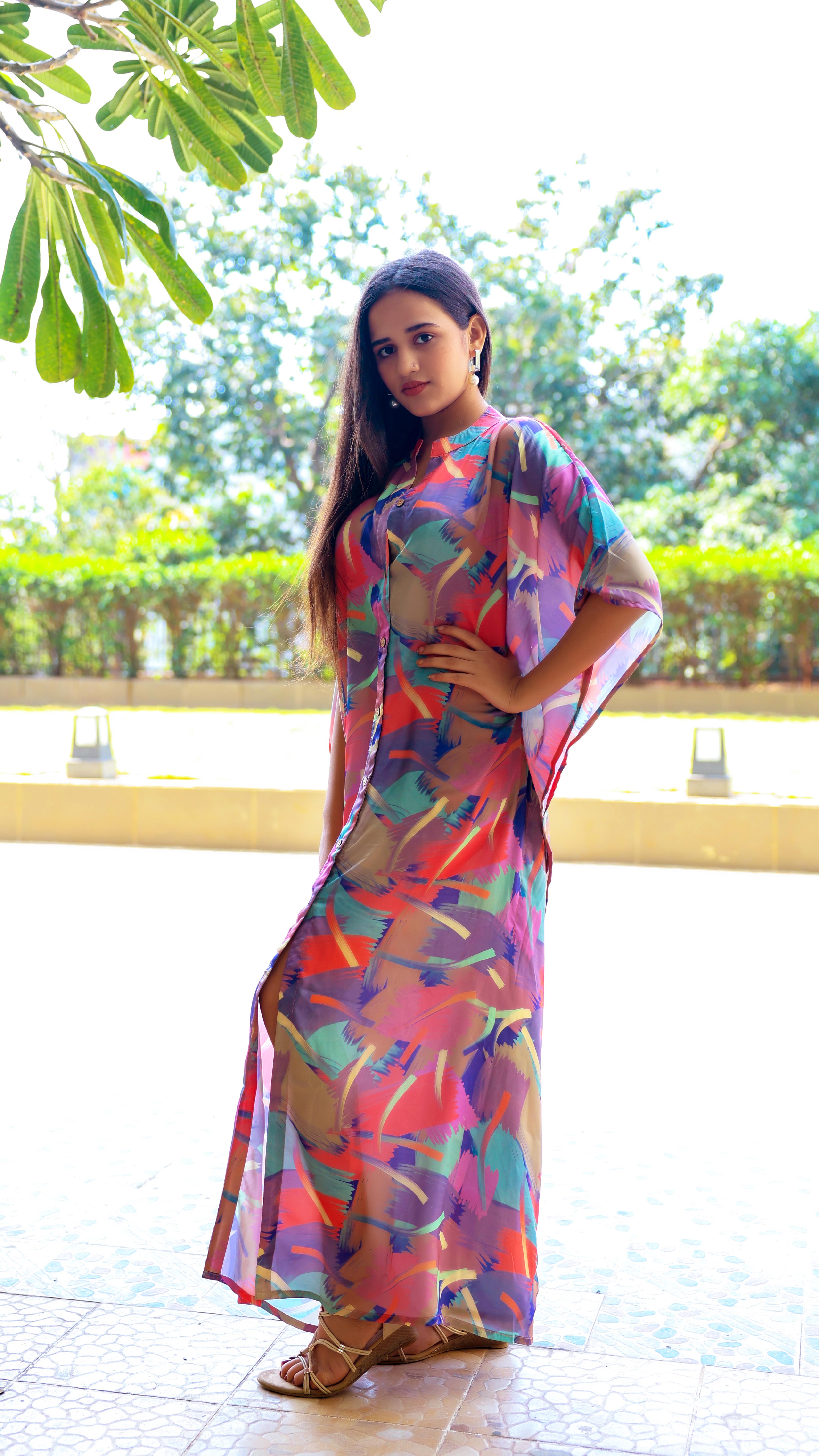 Noroke Sustainable fabric | Bemberg Abstract Printed Shirt Style Kaftan - Distacart