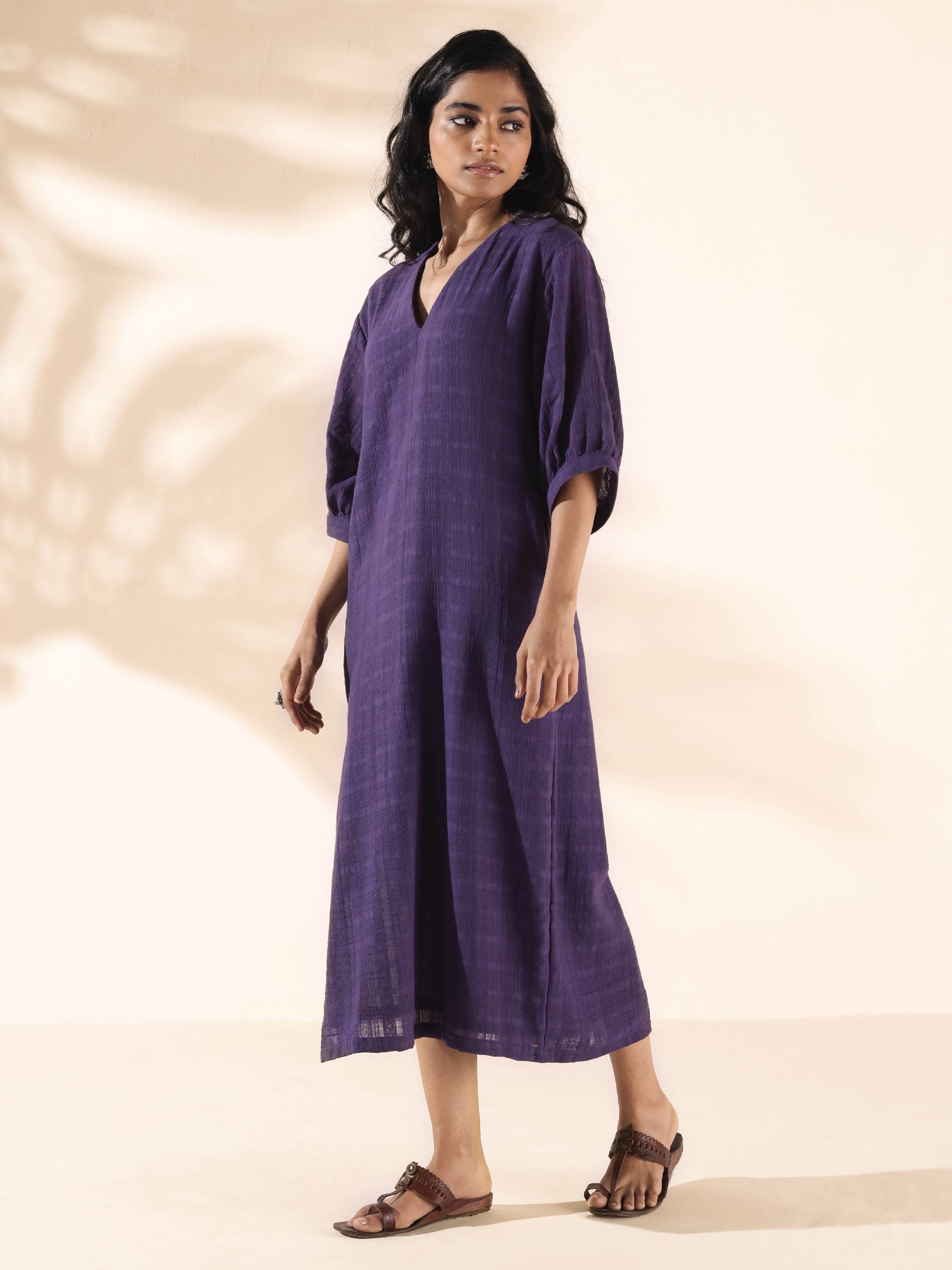 trueBrowns Purple Cotton Dobby Slit Dress - Distacart