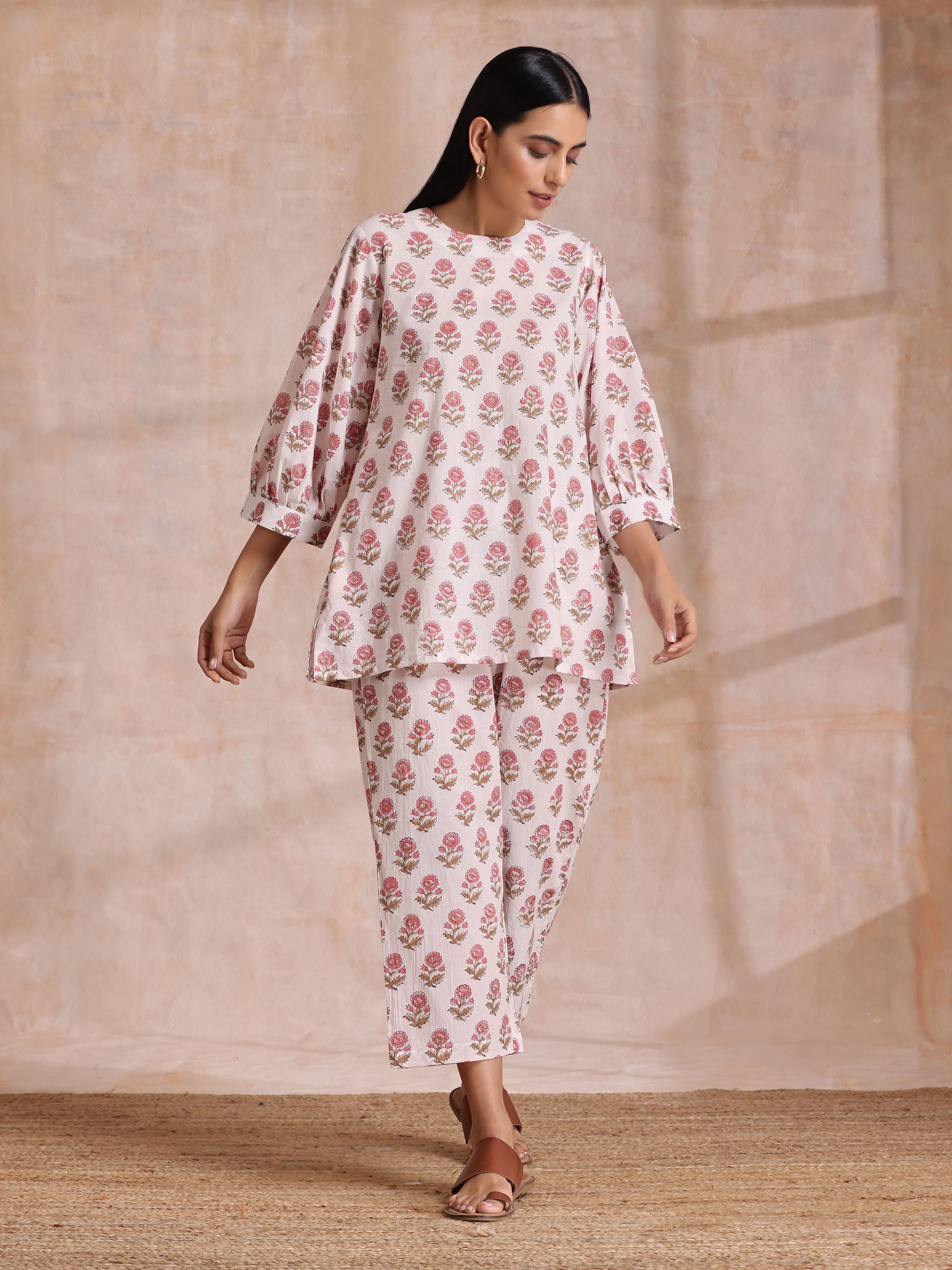 trueBrowns Pink Brown Buta On White Block Print Cotton Baggy Sleeve Co-Ord Set - Distacart