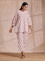 Thumbnail for trueBrowns Pink Brown Buta On White Block Print Cotton Baggy Sleeve Co-Ord Set - Distacart