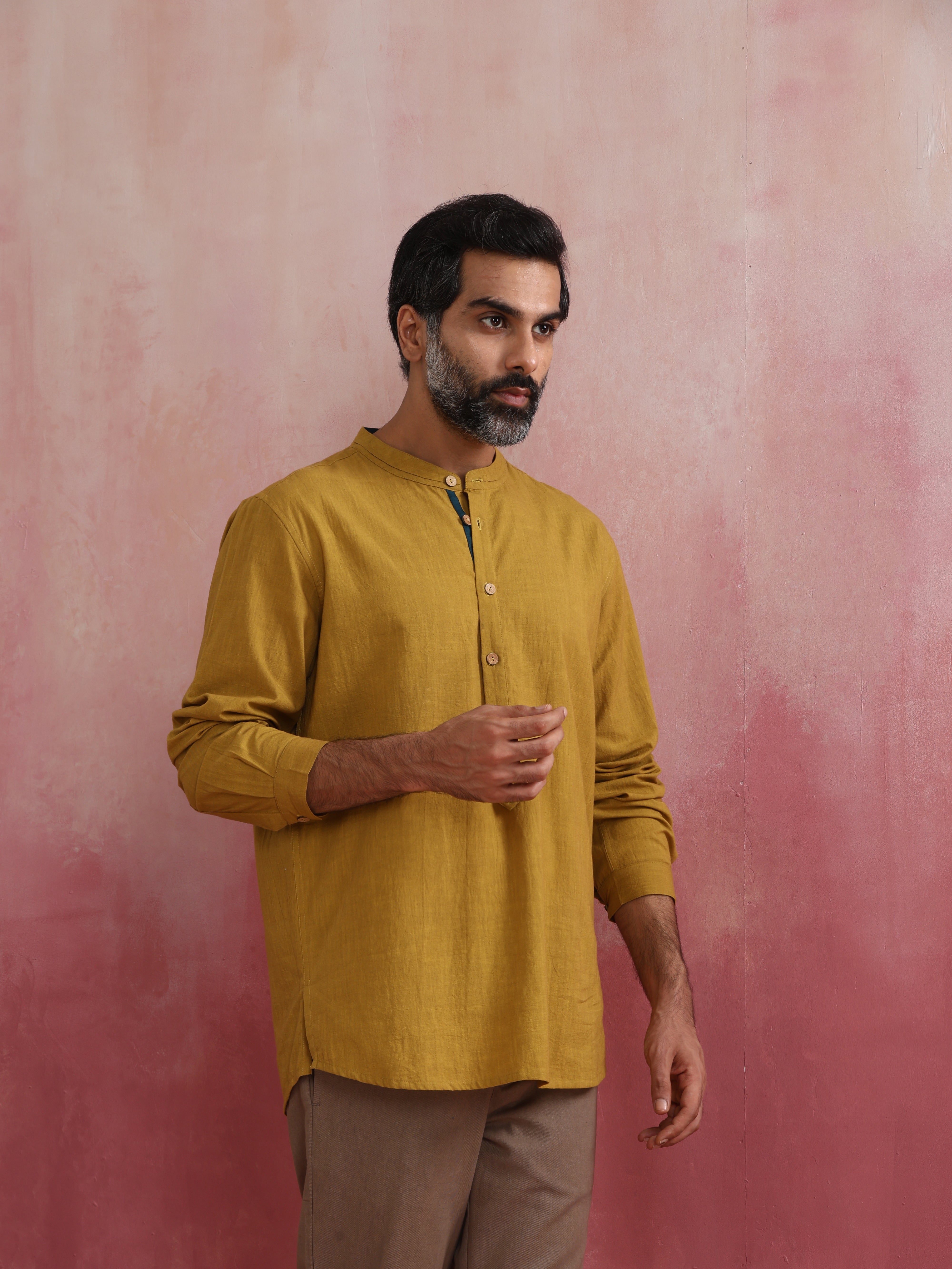 trueBrowns Men's Mustard Cotton Mandarin Collar Stylized Kurta - Distacart