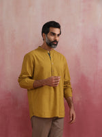 Thumbnail for trueBrowns Men's Mustard Cotton Mandarin Collar Stylized Kurta - Distacart