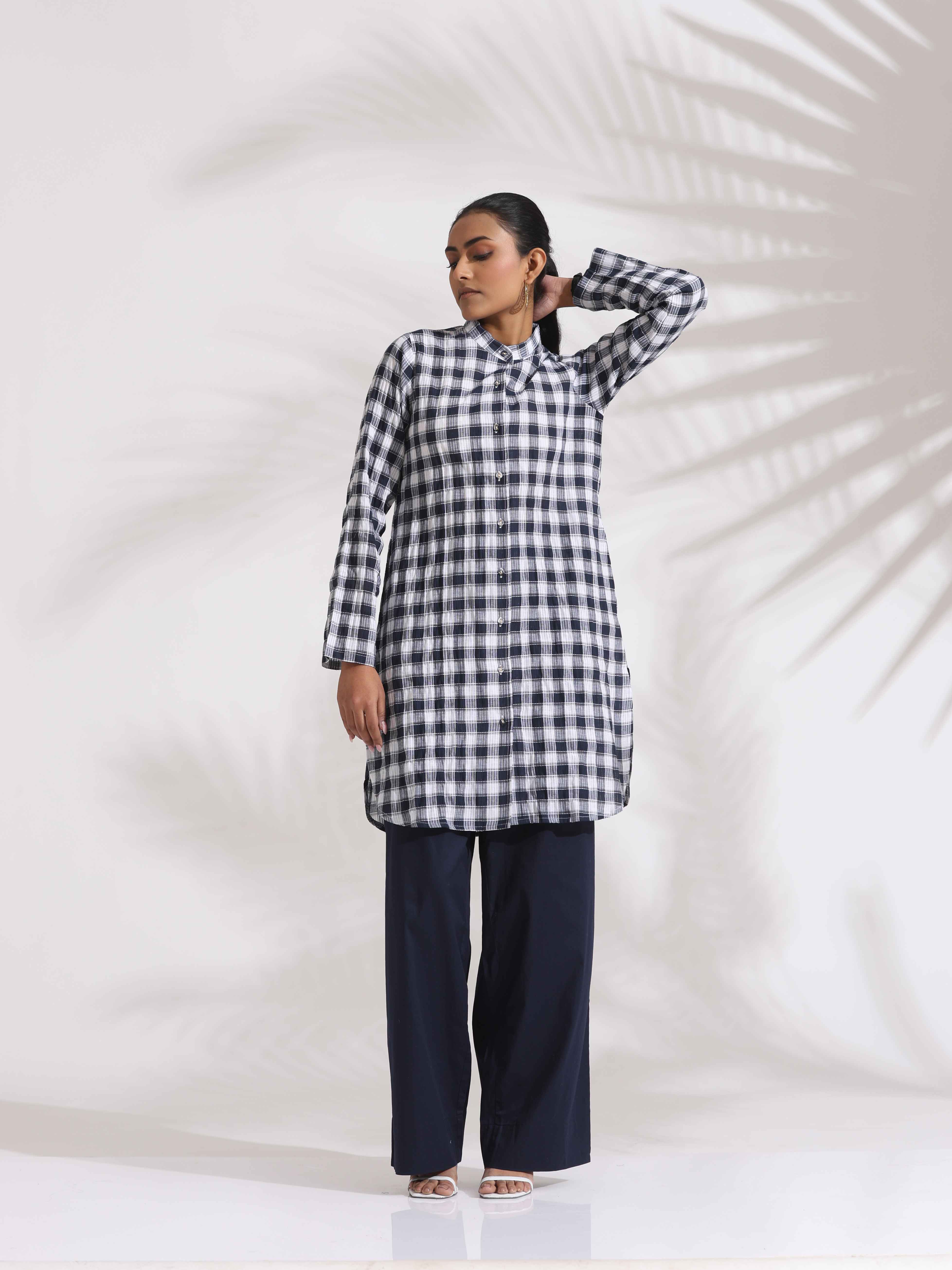 trueBrowns Blue Cotton Check Kurta Co-ord Set - Distacart