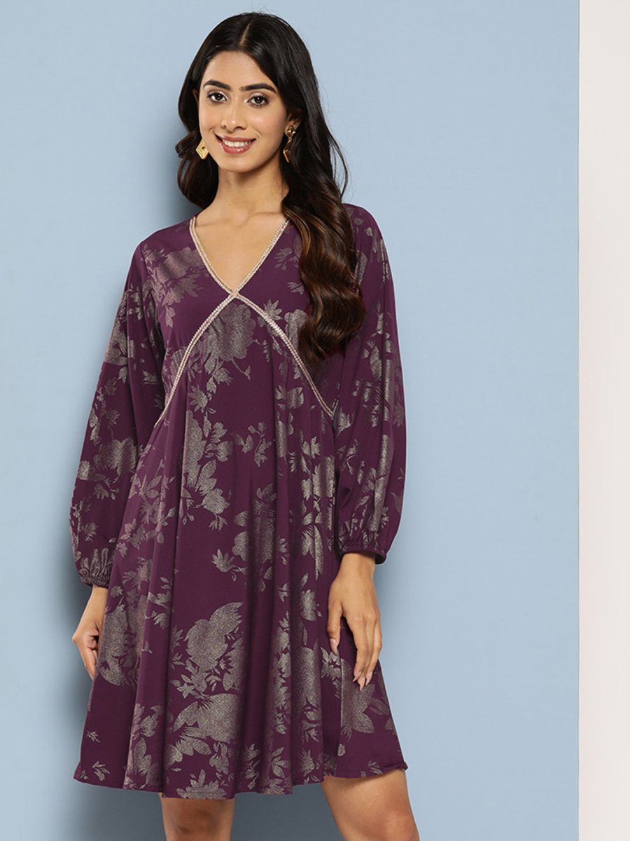 Ahalyaa Floral Print Puff Sleeves Empire Crepe Ethnic Dress - Distacart