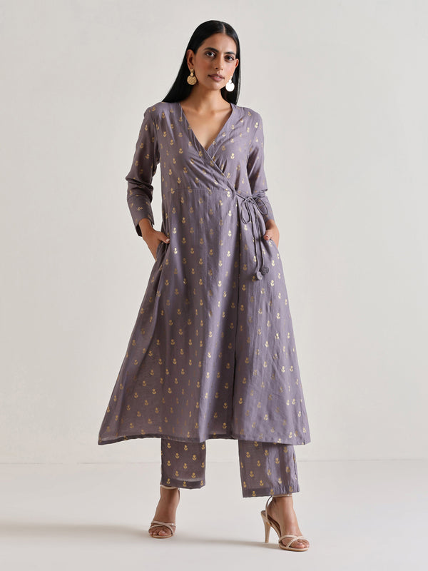 trueBrowns Plum Grey Foil Angrakha Kurta Set - Distacart