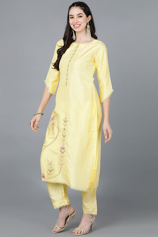 Ahika Yellow Poly Silk Straight Kurta Pant With Dupatta - Distacart