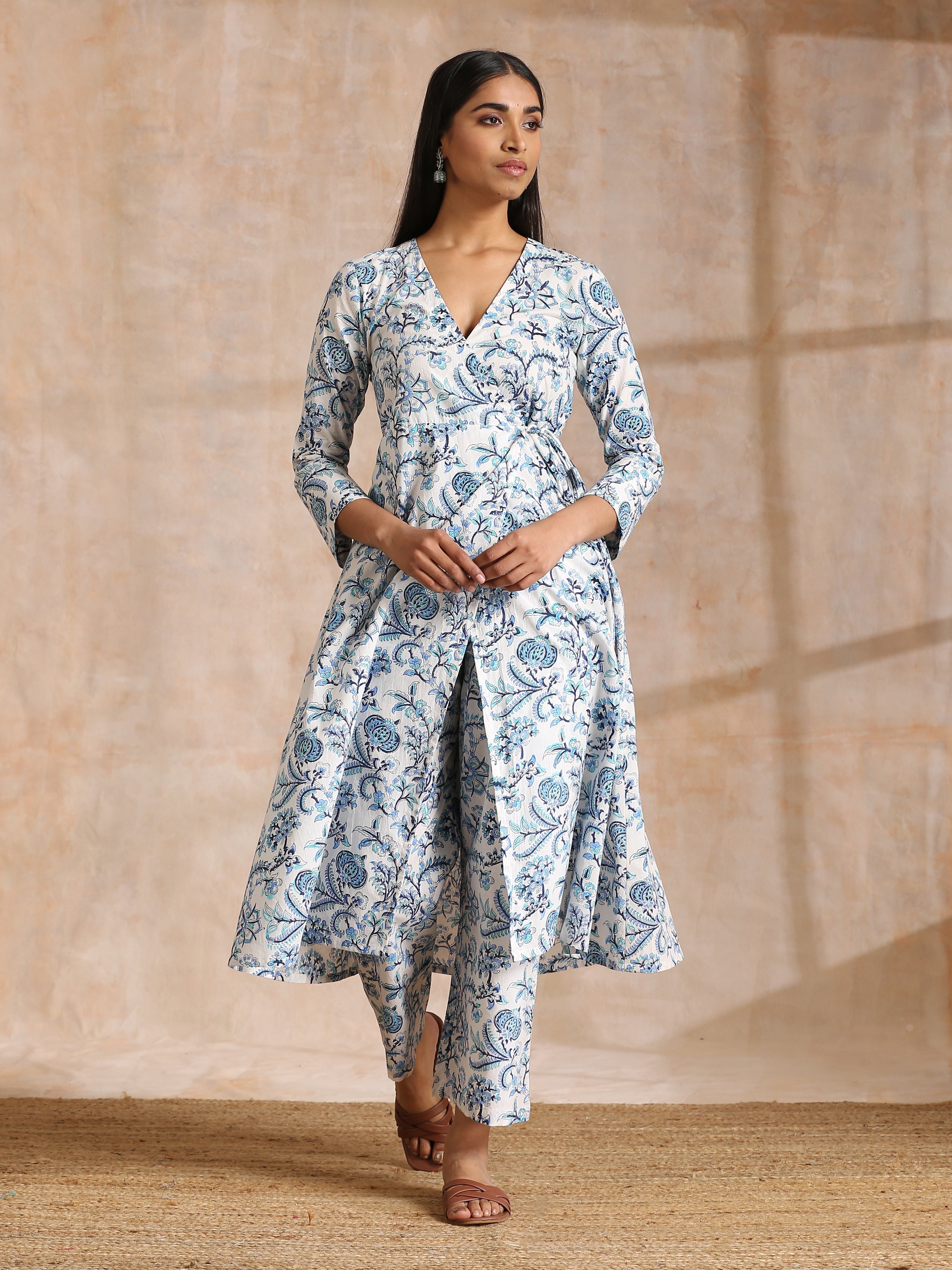trueBrowns White With Overall Blue Print Cotton Angrakha Kurta Pant Set - Distacart