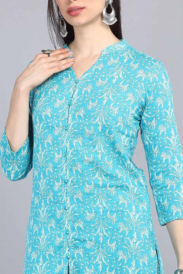 Ahika Turquoise Blue Cotton Ethnic Motifs Print Suit Set