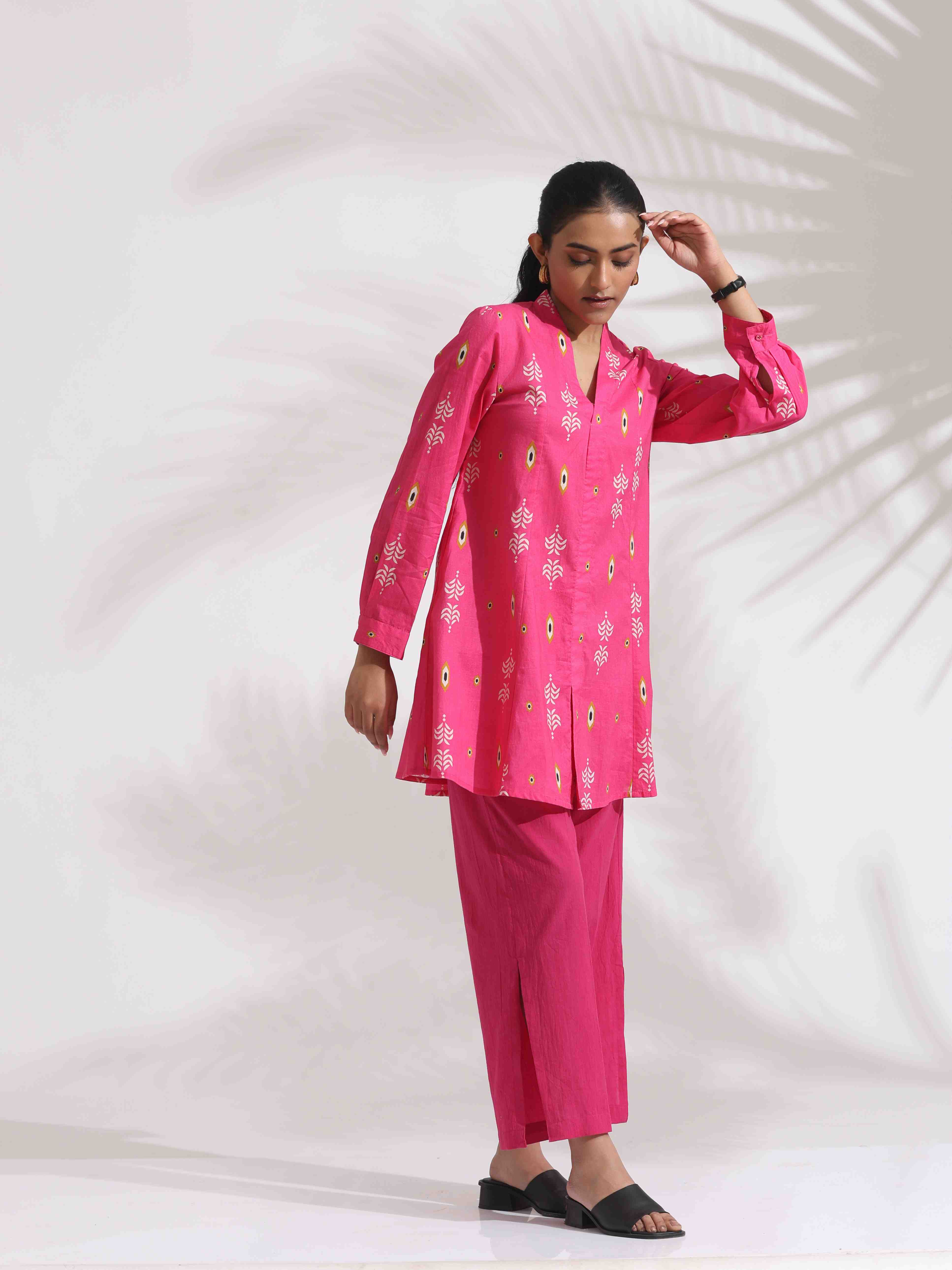 trueBrowns Pink Cotton Print Flared Top Co-ord Set - Distacart